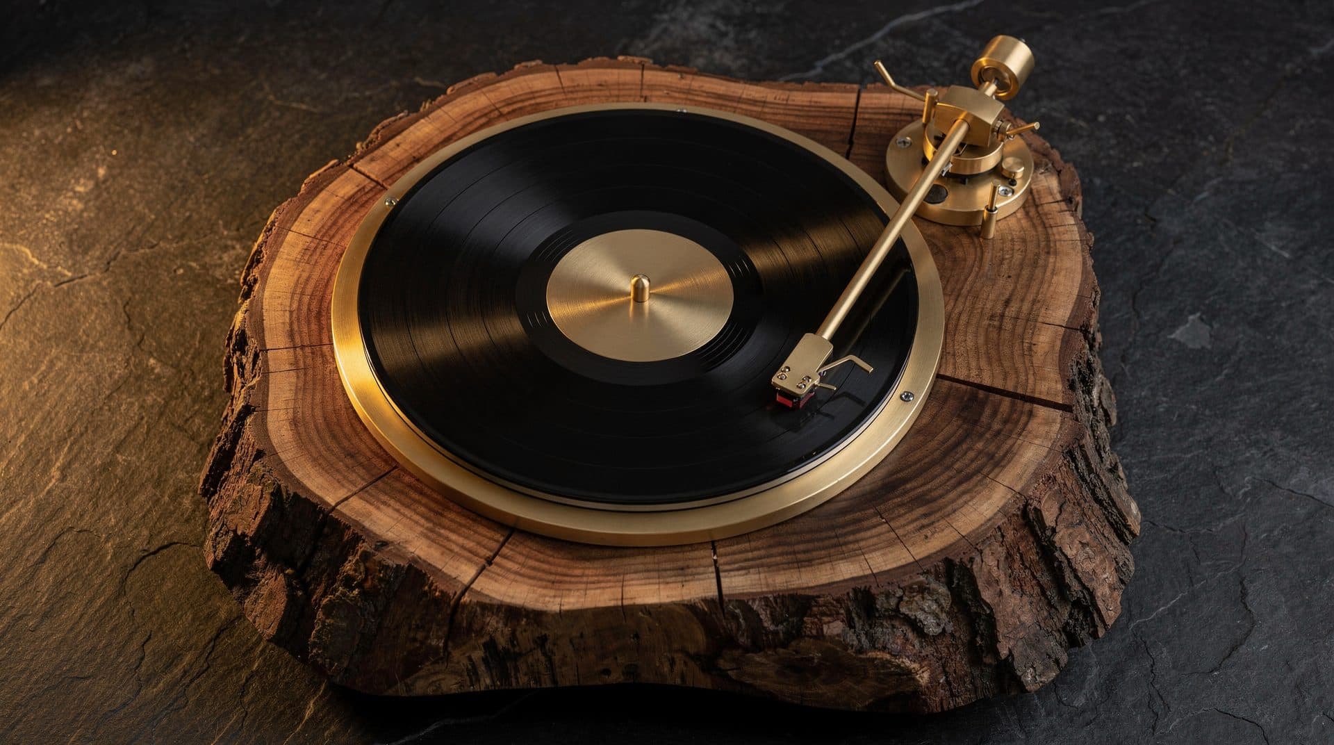 A Roots turntable seen from above, its plinth a live-edge slice of a tree trunk with growth rings around the record